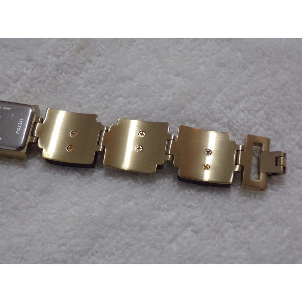 Fossil Womens Gold Tone Wood Inlay Link Bracelet‎ Rectangular Black Dial Watch